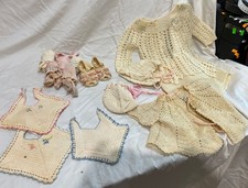 VINTAGE KNITTED DOLL CLOTHES BIBS SWEATERS BONNETS MORE