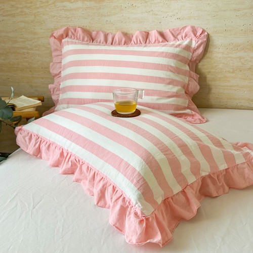 Home Washed Cotton Pillowcase 48x74cm Bedding Stripe Pillow Cover Ruffled 1 Pair - Picture 6 of 38