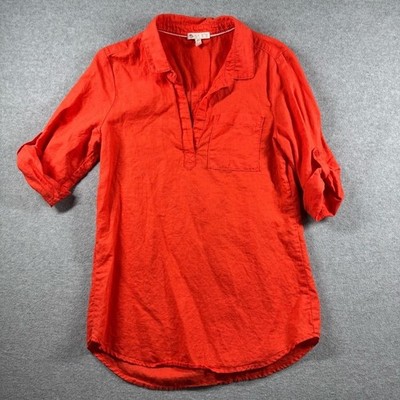 Lila Rose Linen Blend V-Neck Tab Sleeve Tunic Orange Size Small