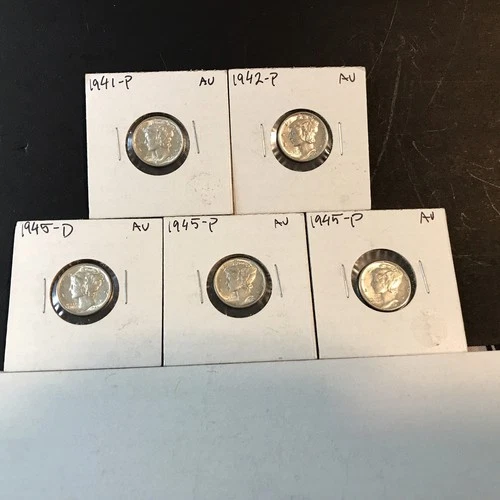 5-SILVER MERCURY DIMES 1941-P “AU” /1942-P “AU”/ 1945-D AU / 2- 1945-P “AU” #153