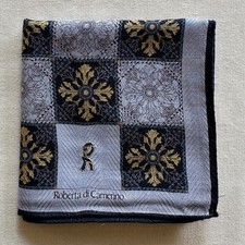 VTG Handkerchief Blue Fabric Woven Elegant Antique Check Floral Pocket Square 19