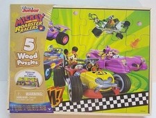 DISNEY MICKEY  ROADSTER RACERS 5pk Wood Puzzles Storage Box Educational Puzzle