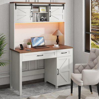 Farmhouse 47'' Executive Desk, Computer Desk with 2 Drawers, Storage Cabinet and