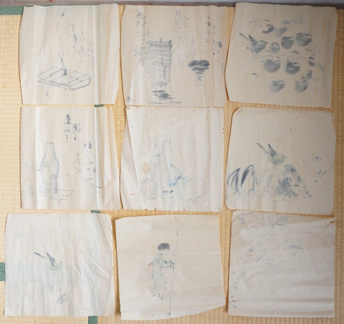 Japanese ink drawings collection x9 vintage hand paintings from