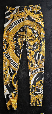 Versace Black/Gold Baroque Satin Dress Pants Stretch Tapered Fit Size 40