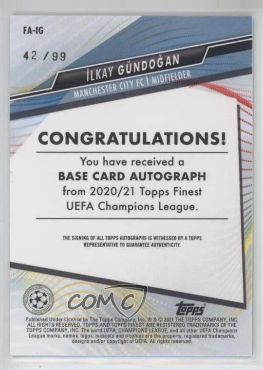 2020-21 Topps Finest UCL Neon Green Refractor /99 Ilkay Gundogan #FA-IG Auto - Image 2 of 2