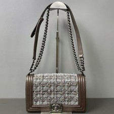 Chanel Boy Flap Shoulder Bag Tweed & Metallic Leather Ruthenium Hardware Auth