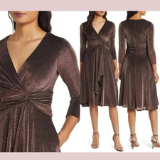 NWT $179 ELIZA J [ 4 ] Metallic Long Sleeve Faux Wrap Cocktail Dress Brown S1400