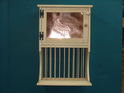 Primitive punched tin COPPER Pie Safe shelf cabinet wall WOOD PLATE dish RACK 