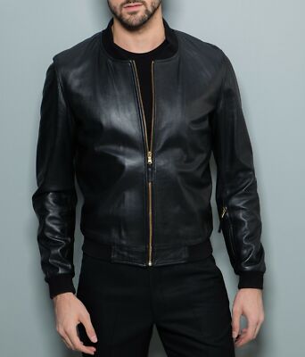 New Men Designer Genuine Lambskin Soft Biker Leather Bomber Black Jacket