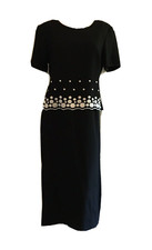 Vintage 90s Column Shift Dress Polka Dot Embroidered Tie Back USA Made Petite 14