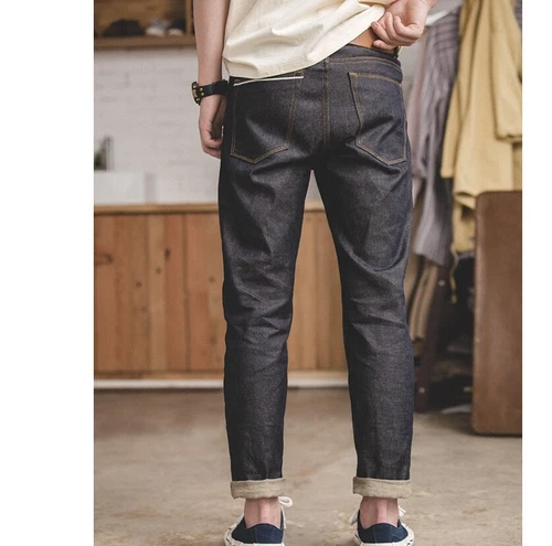 Hot Men's Vintage Straight Dark Selvedge Jeans Slim Fit Jeans Casual Denim Pants - Picture 9 of 19