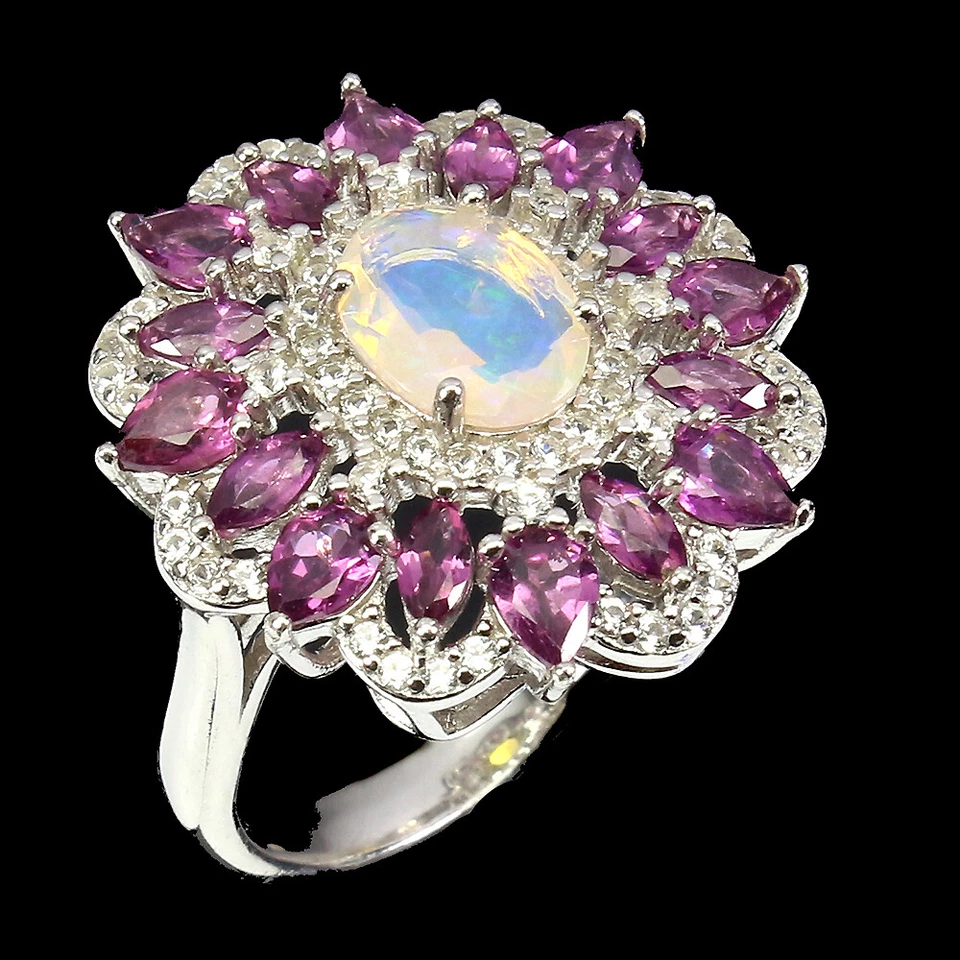 925 Anello Argento Sterling Ovale Opale di Fuoco 8x6mm Rodolite Topazio Gemma - Immagine 2 di 4