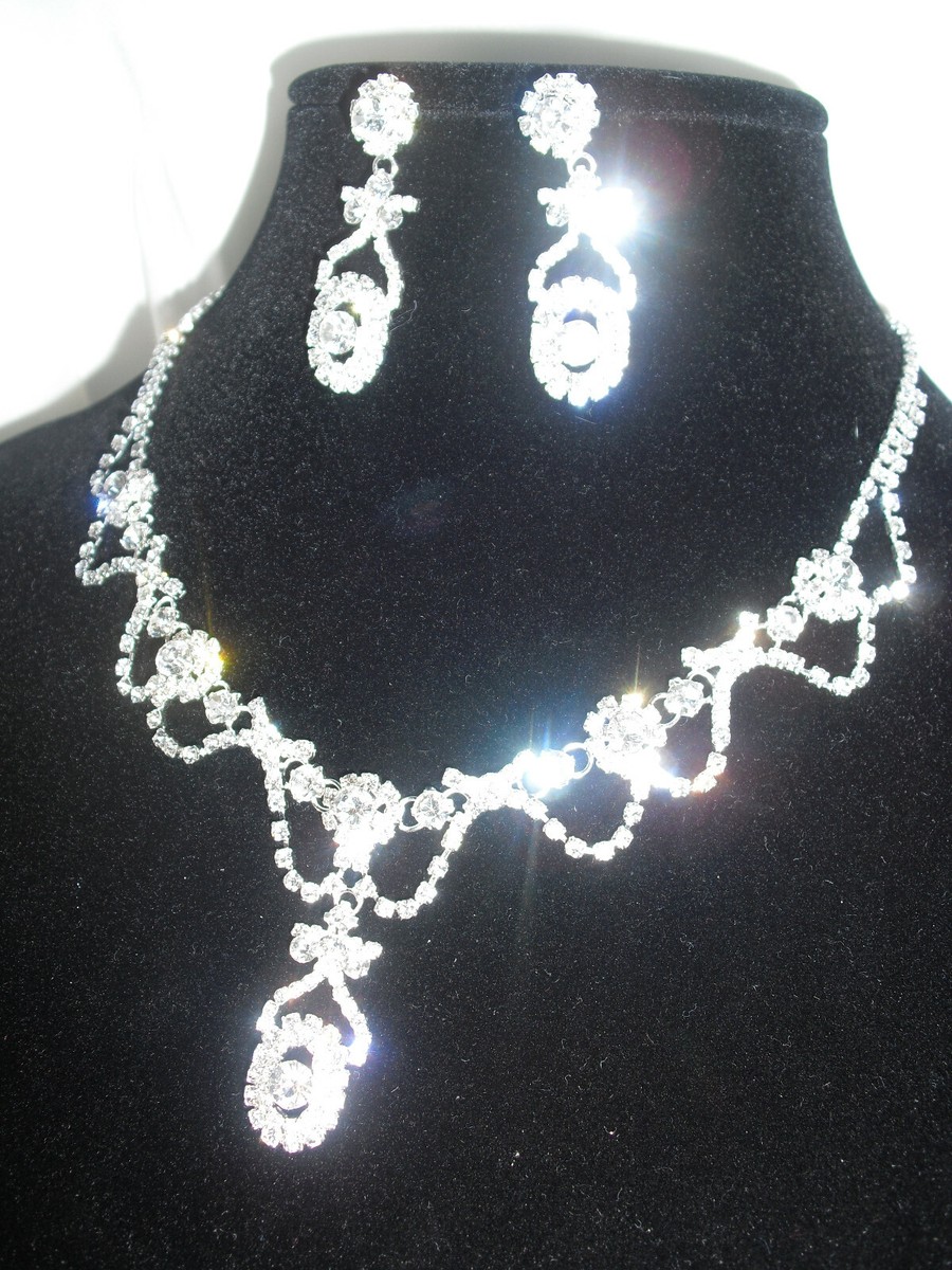 Rhinestone Crystal Bridal Ballroom Jewerly Necklace Earring Set Prom Pageant