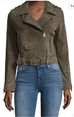 Vigoss Women s 100% Suede Leather Belted Olive Green Moto Jacket Zip Pocket Sz M