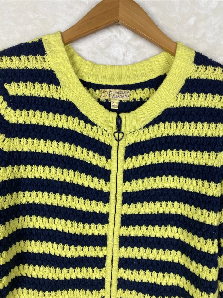 Y2k Princess VW Cardigan Sweater Womens XLarge Yellow Blue Striped Full Zip - Image 2 of 4