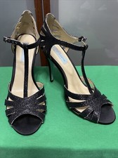 Betsey Johnson SB-Tee Women  s Black Glitter T-Strap Peep Toe Sandals Heels 8.5