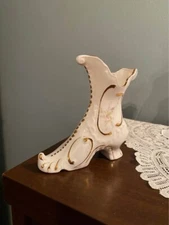 Victorian Boot Vintage Porcelain Bud Vase Figurine White Florals Gold Details