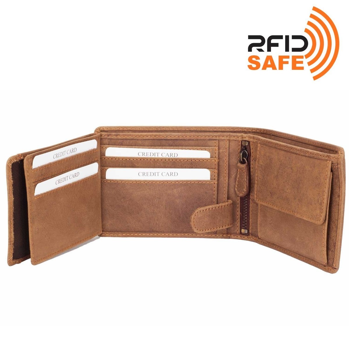 DiLoro Men's Leather Bifold Double Flip ID Zip Coin Wallet with