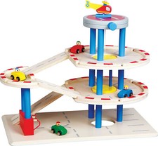 New Classic Toys Holzgarage Parkhaus mit Aufzug, Zapfsäule und Hubschrauber
