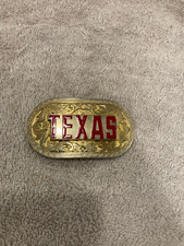 Vintage TEXAS Belt Buckle Red Lettering Brass Plated