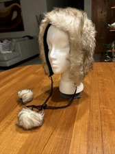 Vintage Faux Fur Hat Girls 70s Fluffy Pom Pom Ties Bonnet