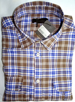 NEW$350 men S SMALL ALTEA ITALY 39EU DRESS SHIRT BLUE BROWN CHECK SUPERFINE THIN