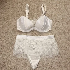 Ann Summers White Lace Satin Matching Underwear Set High Waist Size 36C 10 BNWOT