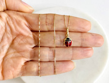 14K Solid Yellow Gold Ladybug Lucky Pendant Necklace - 0.5mm Box Chain- PT505