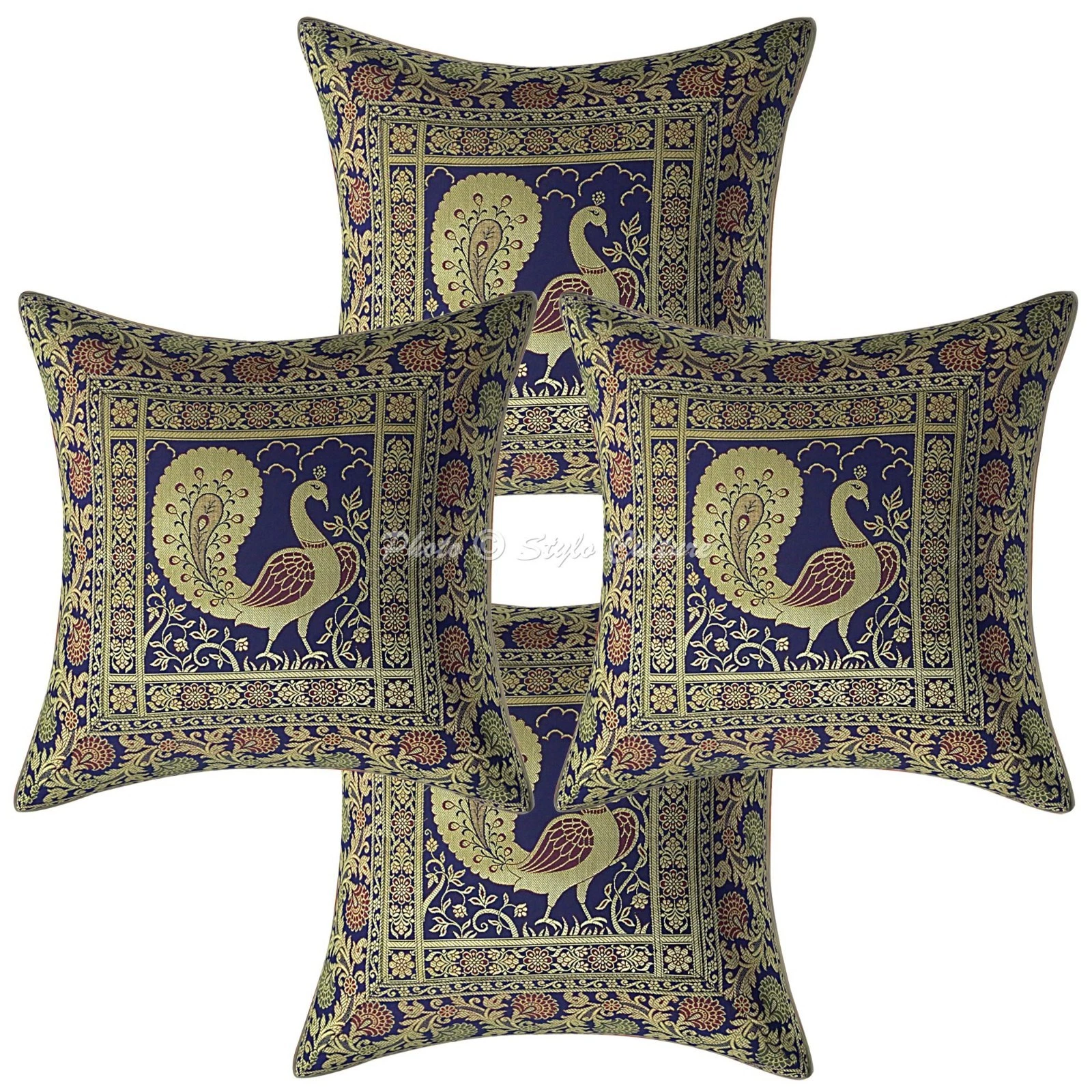 Decorative Brocade Throw Pillow Covers Jacquard Navy Blue Peacock Pillowcases