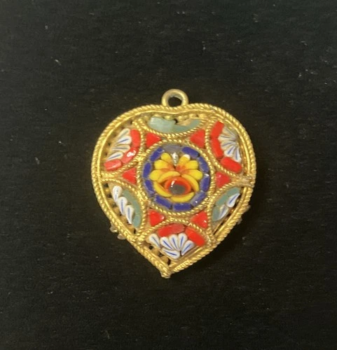 Vintage Micro Mosaic Pendant Costume Jewelry Charm Floral Heart Shaped Gold Tone