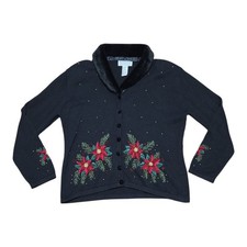 Vtg Tiara International Christmas Black Button Up Cardigan Holiday Design Sz M