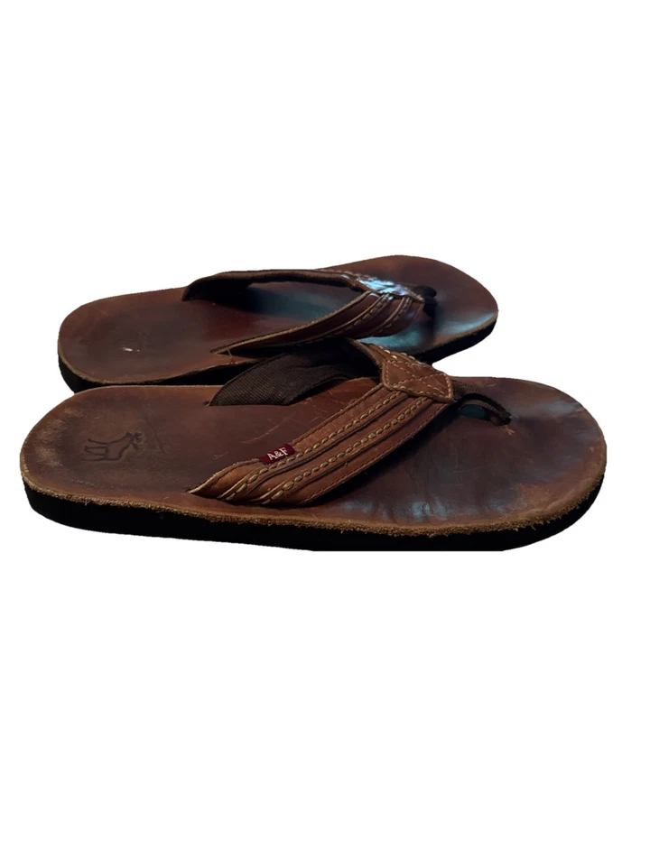 Sandalia De Colección Abercrombie Fitch 13-14 Para Hombres Cuero Chanclas Tanga Marrón Alce Y2K Foto 3 de 4