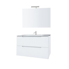 Mobile Da Bagno Cannettato 80 Cm Con Lavabo Specchio E Led LINE - Bianco Lucido