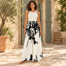 Black and White Floral Palazzo Pants, Elastic Waist Wide Leg Trousers