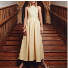 Reformation Percy Halter Neck Open T-Back Linen Midi Dress in Parmesan Size 10