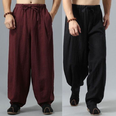Men Buddhist Zen Martial Arts Cotton Linen Pants Monk Kung Fu Wide Leg Trousers