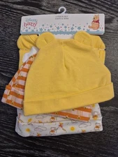 Disney Baby Pooh 6pc Set Hats & Bibs Yellow Unisex “Always Hungry” NWT