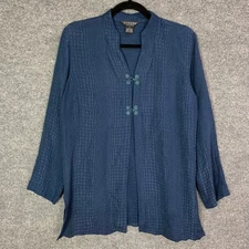 Citron 100% Silk Shirt Jacket Small Blue Textured Mandarin Collar Frog Closure