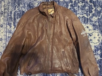 RARE New York Transit Genuine 100% Leather Bomber Adventure Jacket Motor Oil 