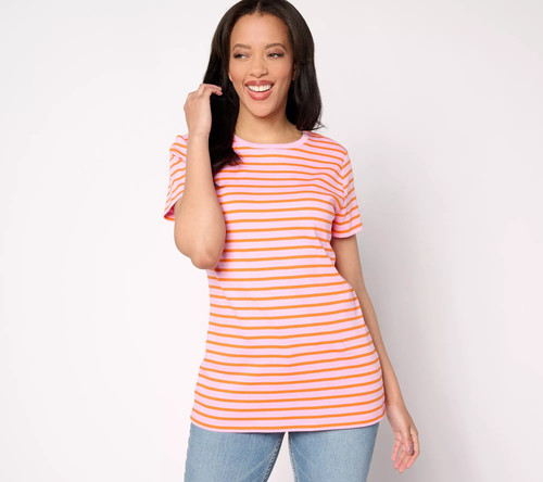 Isaac Mizrahi Live! Essentials Pima Cotton Yarn-Dye Stripe Shirt Pink M New
