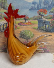 Murano Art Glass Rooster Figurine with Red Head and Cased Amber Body