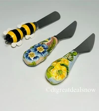 Cheese Butter Jam Dip Spreaders Knife Ceramic Flowers Floral Honey Bee Flatware