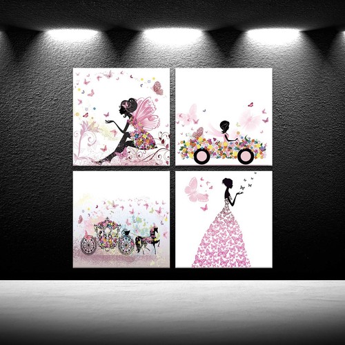 iKNOW FOTO 4pcs Pink Canvas Wall Art Fairy Girl Flying Butterflies Canvas Pri... - Picture 2 of 6