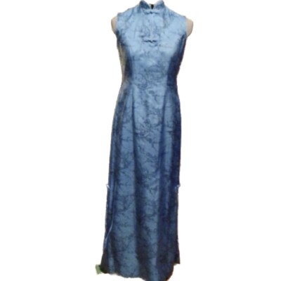 Vintage 100% Silk Long Thai Floral Cheongsam Blue Dress