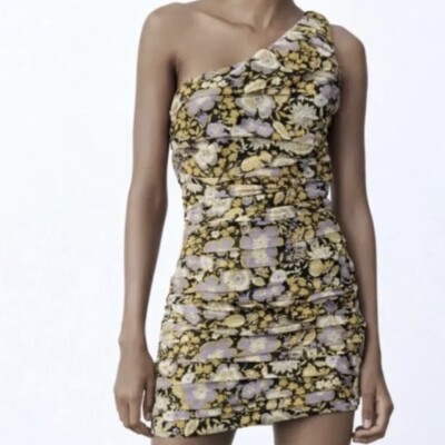 NWT Zara One Shoulder Floral Gold Purple Mini Dress Sleeveless