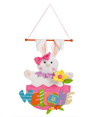 Easter Bunny Welcome Sign Fleece Rabbit Wall Art Banner Holiday Spring Decor NEW