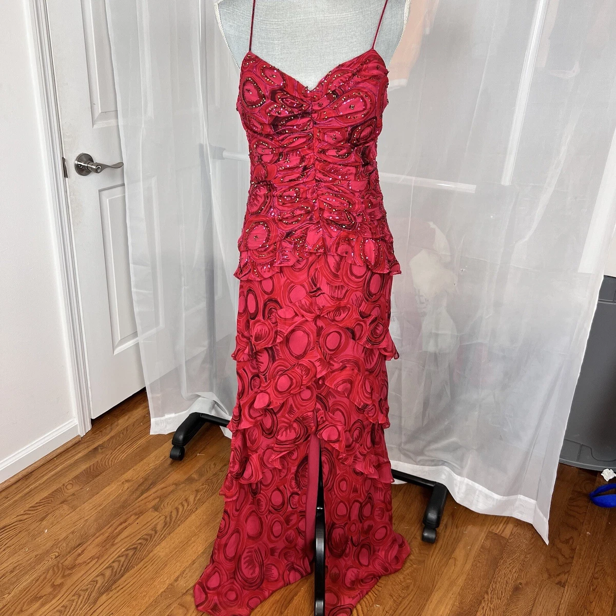 chetta b evening dresses CHETTA B, vintage 1990s evening dress, Bias cut Bodycon red black tige –  VINTAGE DRESS CLOSET main image 1