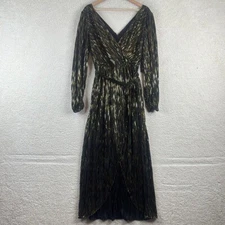 NWT GUESS Womens Black Metallic Striped Faux Wrap Tulip Hem Maxi Dress Size 6