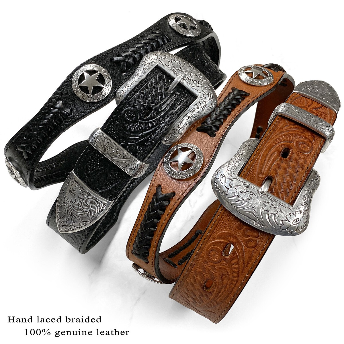 Genuine Leather Western Belt with Star Conchos Braided Design Size 38 Belts.com Western Texas Ranger Braided Leather Belt Star  main image 3